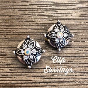 Vintage Round Clip Earrings with Rhinestone Center